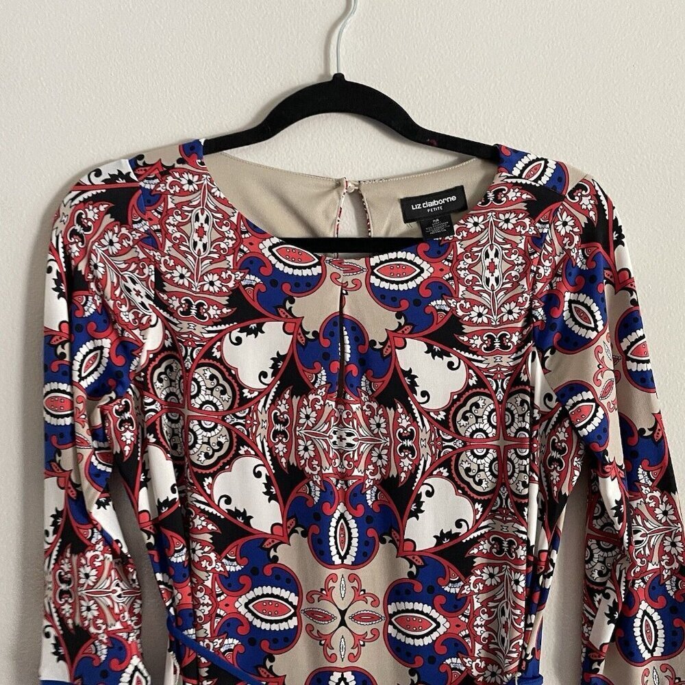Liz Claiborne Petite Wmn PS Multicolor Dark Dune 3/4 Sleeve Tie Belt Dress NWT - Picture 5 of 12